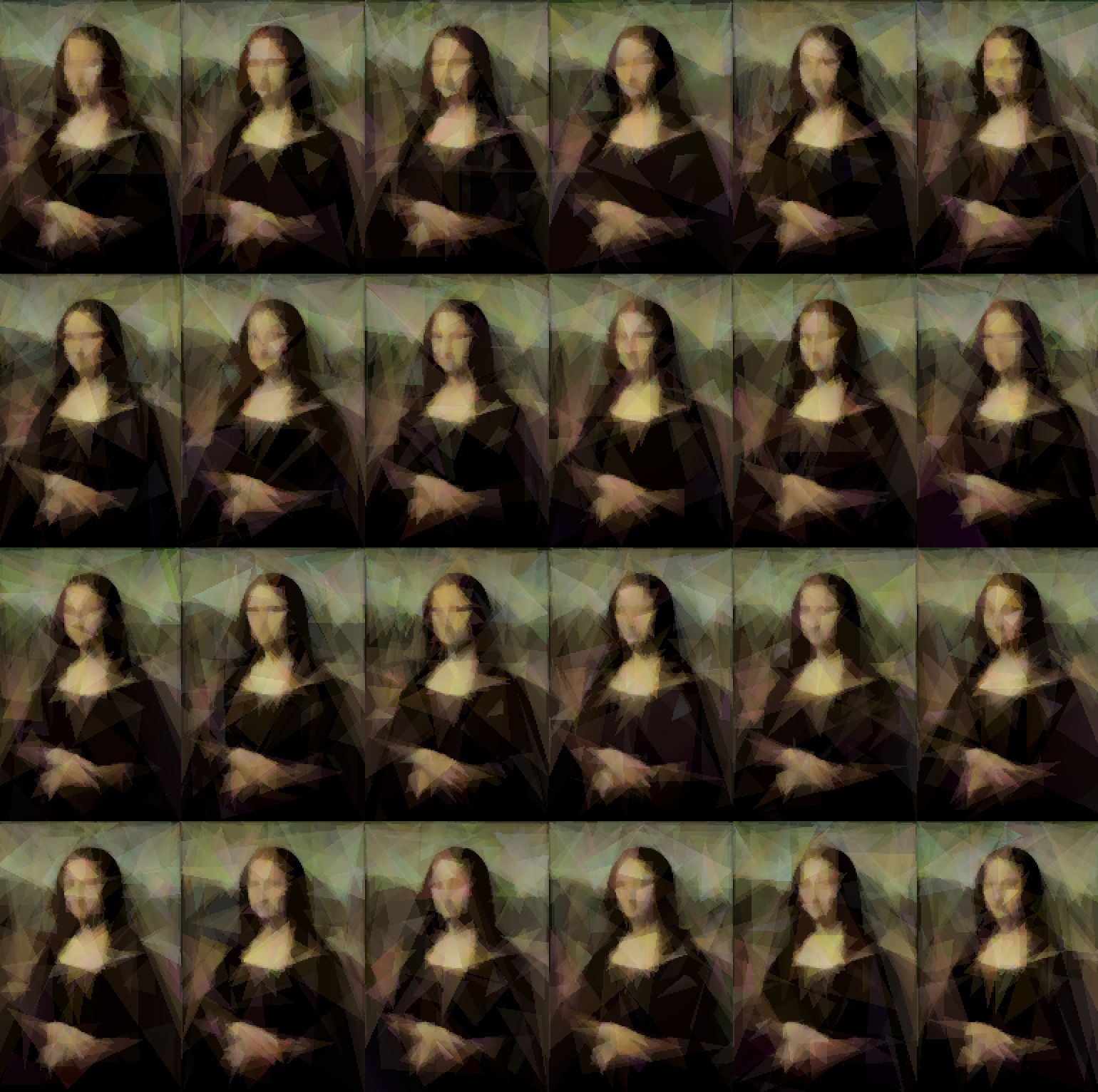 24 parallel simulated annealing instances approximating the Mona Lisa with triangles
